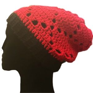 Black and Red Diamond Lace Handmade Crochet Knit Beanie Winter Hat